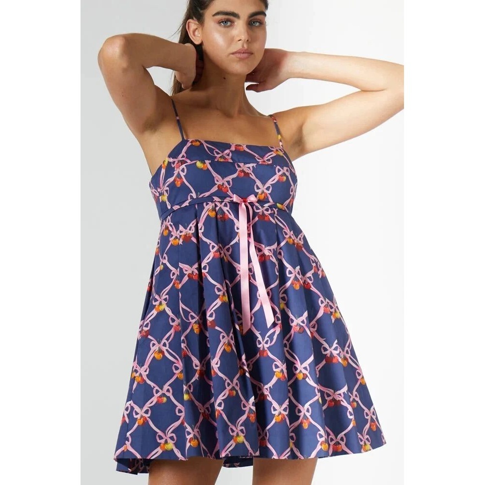 Rachel Antonoff‎ Christina Dress Navy Blue Cherry Ribbon Babydoll Mini Size 4